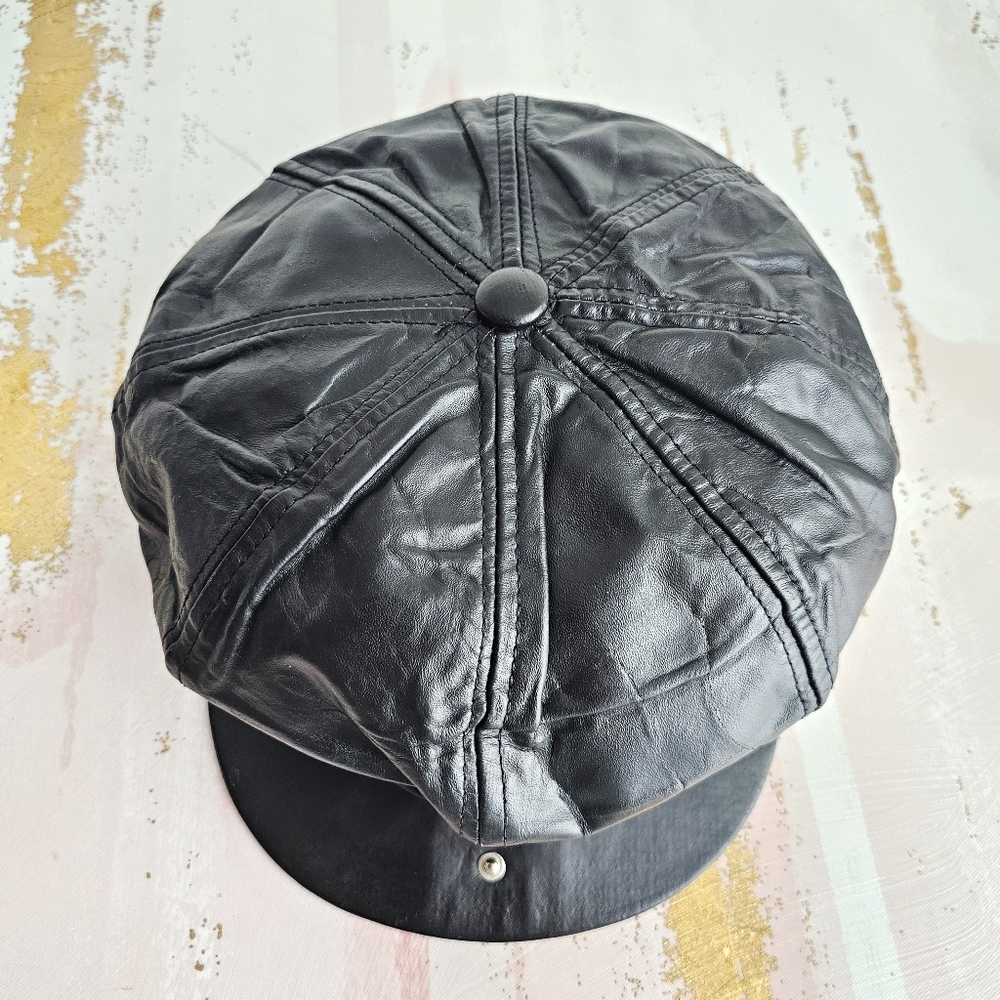 Black Leather Newsboy Cap - Picture 11 of 17